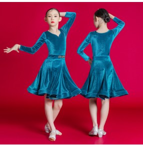 Girls kids green blue purple velvet latin dance dresses modern ballroom latin dance wear salsa rumba chacha dance outfits for children